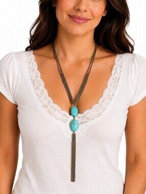 Vtg Multi-chain Faux Turquoise Bead Sautoir Tassel Mermaidcore Necklace